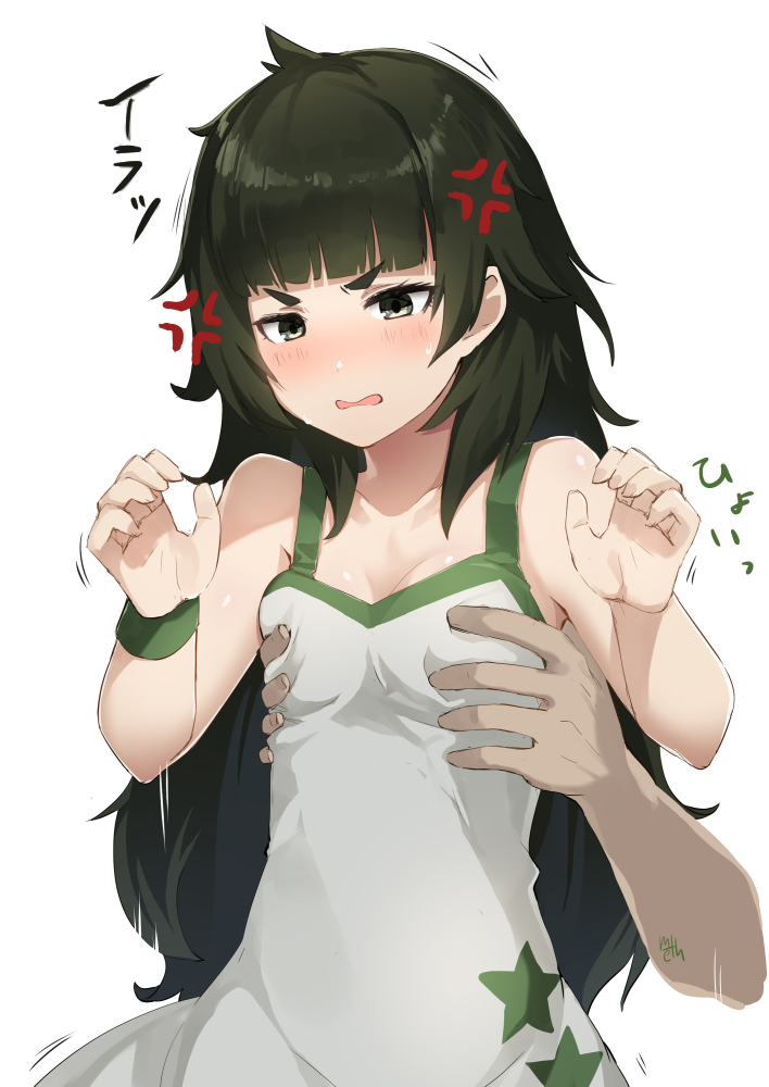 anger_vein bangs bare_shoulders black_hair blush breast_grab breasts commentary_request dress grabbing green_eyes hands_up hiyajou_maho long_hair meth_(emethmeth) motion_lines open_mouth print_dress signature simple_background small_breasts solo_focus star star_print steins;gate steins;gate_0 sweat thick_eyebrows translation_request very_long_hair wavy_mouth white_background white_dress wristband