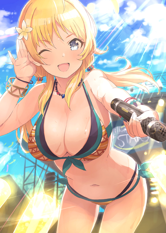;d bangs bare_shoulders bikini blonde_hair blue_eyes blue_sky blush bracelet breasts brown_bikini cleavage collarbone day flower hachimiya_meguru hair_flower hair_ornament hand_up hips idolmaster idolmaster_shiny_colors jewelry large_breasts light_rays long_hair looking_at_viewer low_twintails microphone navel one_eye_closed open_mouth outdoors sky smile solo stage_lights striped striped_bikini sunlight swimsuit tetsujin_momoko thighs twintails