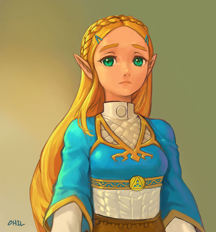 aqua_eyes blonde_hair braid breasts closed_mouth crown_braid frown hair_ornament hairclip long_hair ohil_(ohil822) pointy_ears princess_zelda small_breasts solo the_legend_of_zelda the_legend_of_zelda:_breath_of_the_wild thick_eyebrows triforce turtleneck