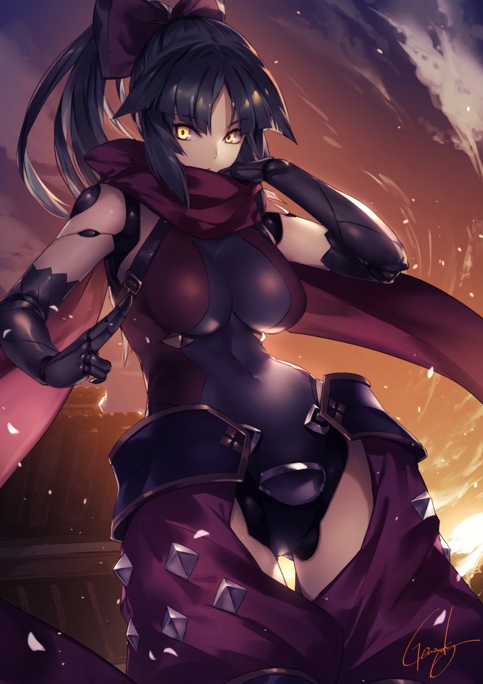 architecture bangs black_hair bow breasts closed_mouth cloud commentary_request covered_navel east_asian_architecture eyebrows_visible_through_hair facing_viewer fate/grand_order fate_(series) gloves hair_bow katou_danzou_(fate/grand_order) kyouya_(mukuro238) large_breasts long_hair looking_at_viewer mecha_musume outdoors ponytail red_scarf robot_joints scarf skin_tight sky solo standing yellow_eyes