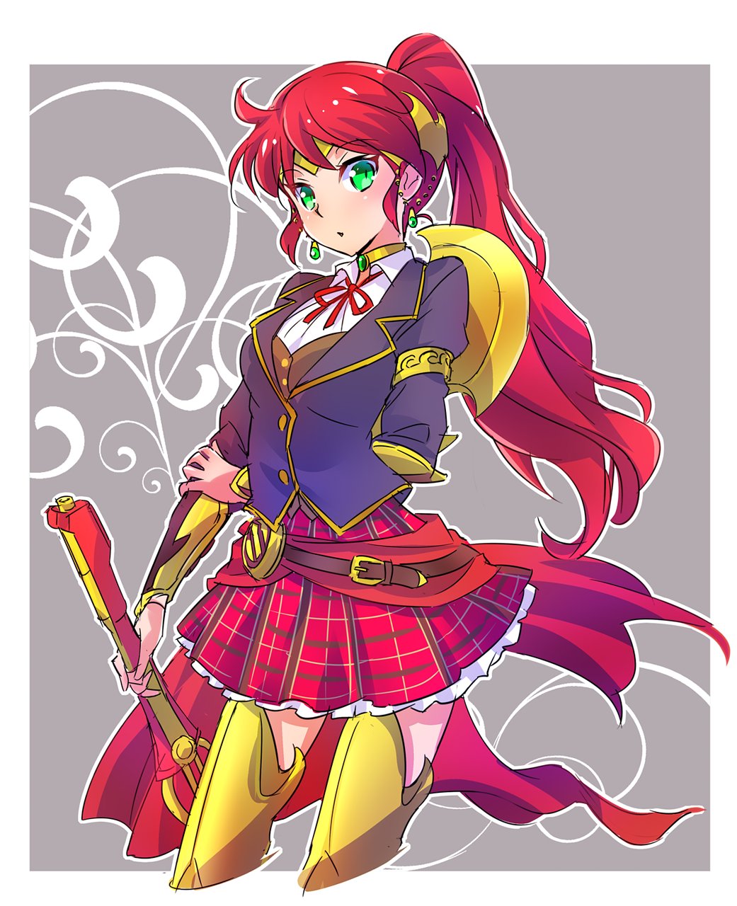 blazer blouse forehead_protector greaves green_eyes highres iesupa jacket leg_armor long_hair neck_ribbon plaid plaid_skirt ponytail pyrrha_nikos red_hair ribbon rwby school_uniform skirt solo sword thighhighs vambraces weapon white_blouse zettai_ryouiki