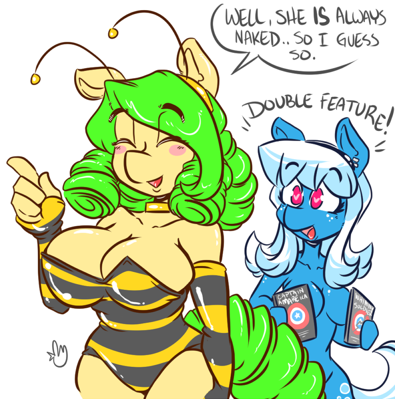 &lt;3 &lt;3_eyes 4_fingers antennae anthro armwear big_breasts biped black_eyebrows blue_ears blue_fur blueballs_(duckdraw) breast_size_difference breasts buzzy_bee_(duckdraw) cleavage clothed clothing collar convenient_censorship curled_tail dialogue drill_hair duckdraw duo ear_piercing elbow_gloves english_text equine eyebrows eyelashes eyes_closed fan_character female fingerless_gloves freckles fur gloves green_hair green_tail hair hairband holding_object horse leotard long_hair mammal my_little_pony nude piercing pink_eyes pointing pony simple_background speech_bubble standing tan_ears tan_fur text white_background white_hair