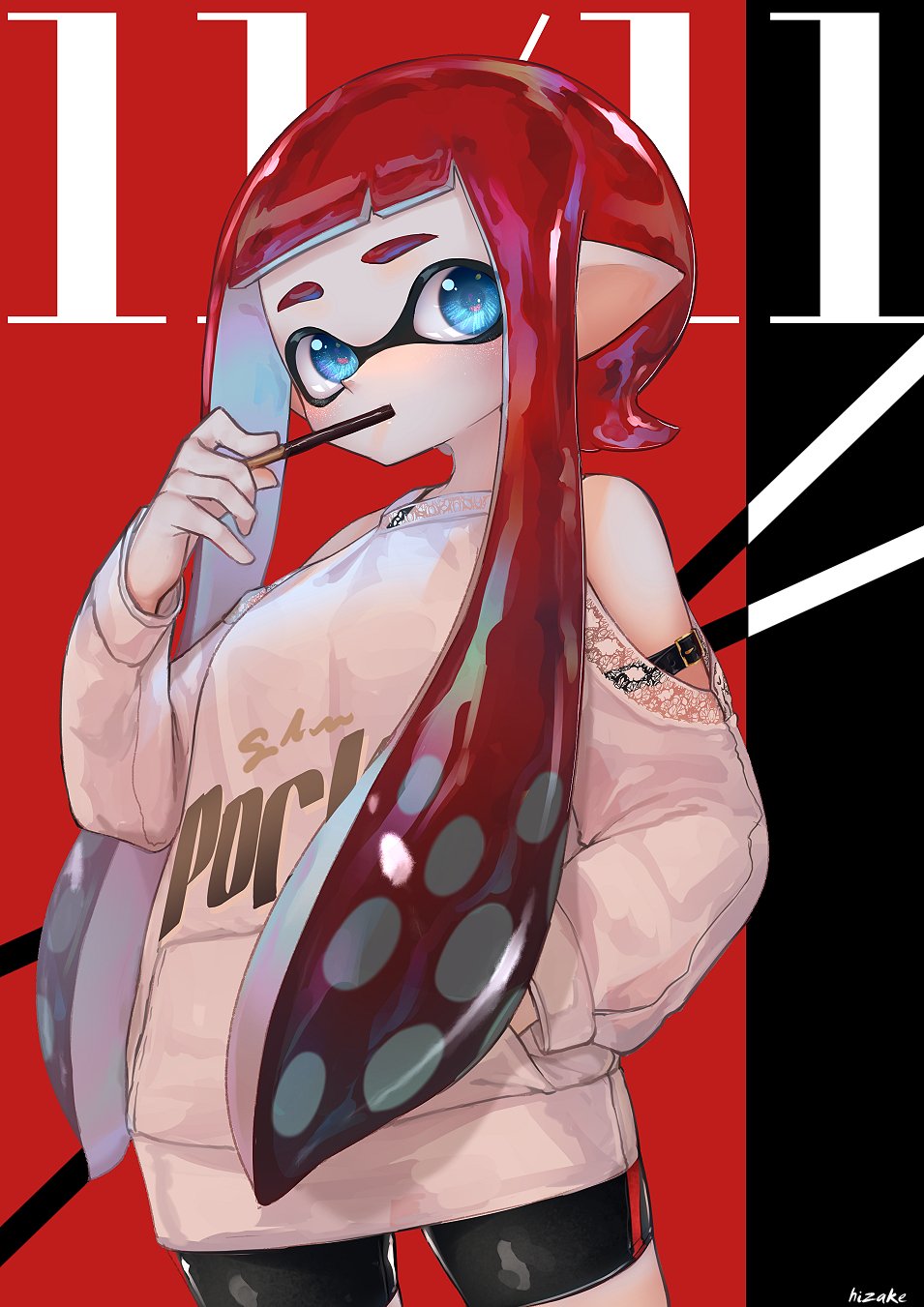 arm_belt artist_name bangs bare_shoulders belt blue_eyes blunt_bangs cowboy_shot dated eating food food_in_mouth hand_in_pocket highres inkling kashu_(hizake) lace looking_at_viewer pale_skin pocky pocky_day pointy_ears red_hair short_hair_with_long_locks shorts shoulder_cutout sidelocks signature solo splatoon_(series) sweatshirt tentacle_hair thighs