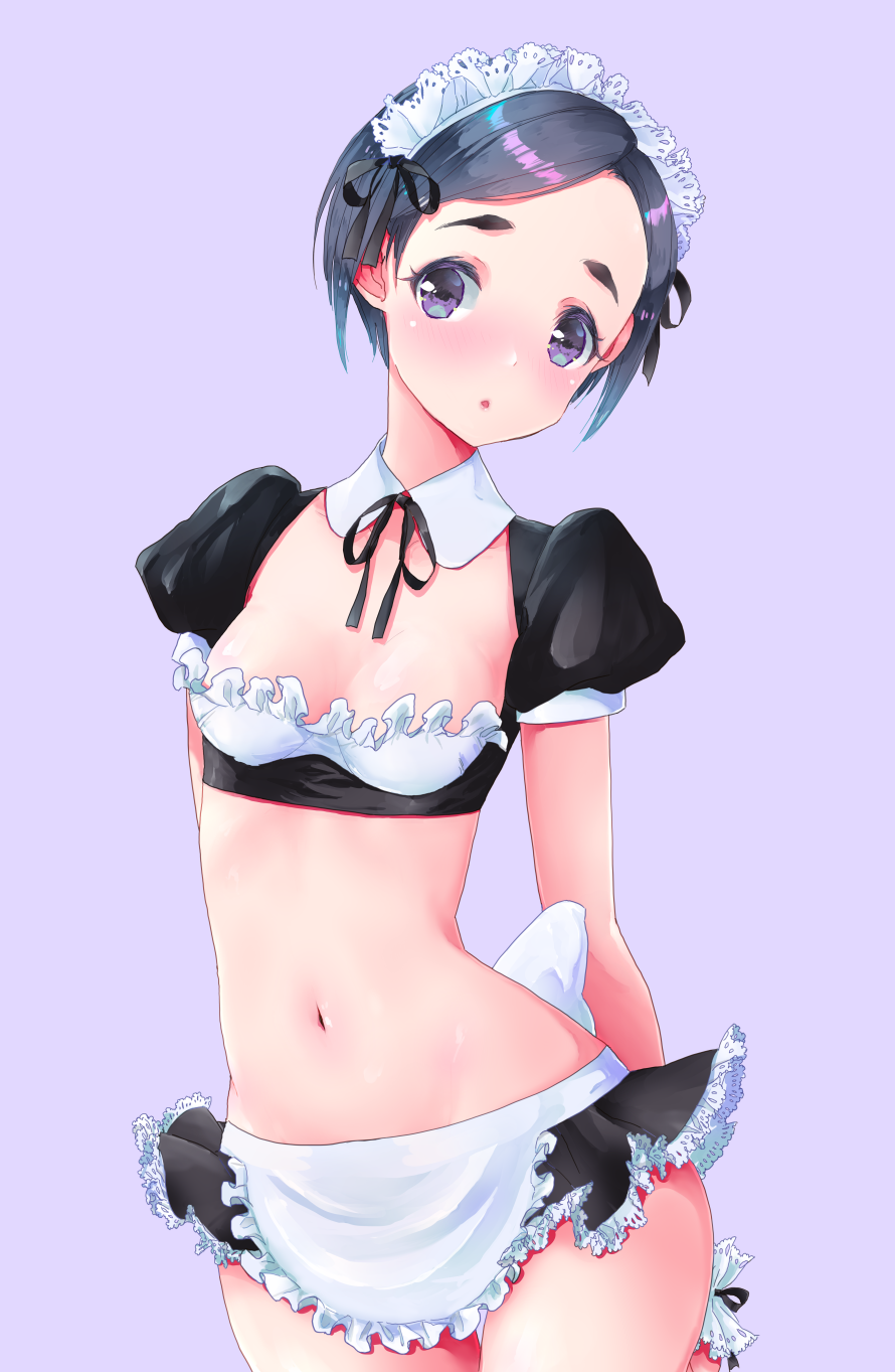 black_eyes black_hair black_skirt blush breasts commentary detached_collar eyebrows frills grey_background grey_eyes hair_ornament highres idolmaster idolmaster_cinderella_girls idolmaster_cinderella_girls_starlight_stage looking_at_viewer maid_headdress matsuo_chizuru miniskirt navel open_mouth poniponi puffy_short_sleeves puffy_sleeves short_hair short_sleeves skirt small_breasts solo standing white_collar