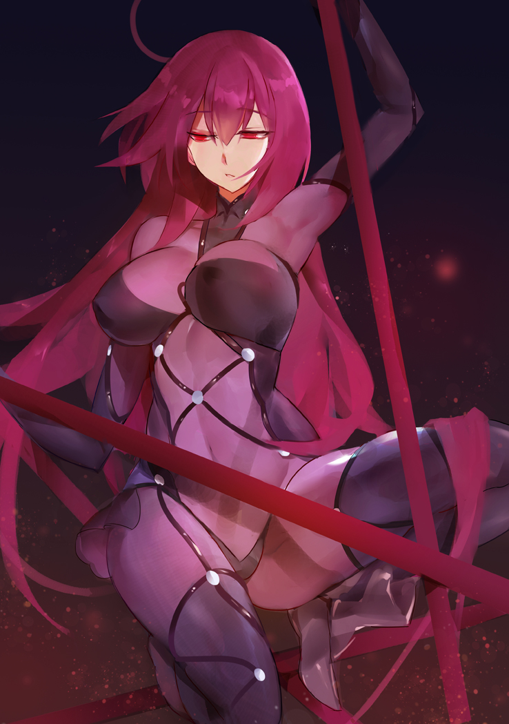 breasts chinese_commentary commentary_request covered_navel dual_wielding fate/grand_order fate_(series) gae_bolg gradient gradient_background hair_intakes holding holding_weapon large_breasts leotard long_hair looking_to_the_side polearm purple_bodysuit purple_hair purple_leotard red_eyes scathach_(fate)_(all) scathach_(fate/grand_order) spear squatting weapon yostxxx
