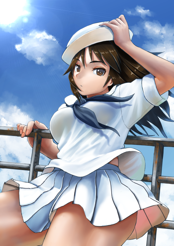 abazu-red against_railing bangs black_eyes black_hair blouse blue_skirt closed_mouth cloud cloudy_sky commentary cowboy_shot day dixie_cup_hat girls_und_panzer hand_on_headwear hat leaning_back lens_flare light_frown long_hair long_sleeves looking_at_viewer military_hat miniskirt murakami_(girls_und_panzer) navy_blue_neckwear neckerchief ooarai_naval_school_uniform outdoors pleated_skirt railing sailor sailor_collar school_uniform skirt sky sleeves_rolled_up solo standing sun sunlight thighs white_blouse white_hat white_skirt wind