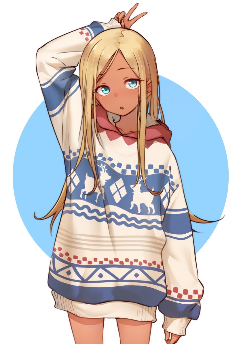 :o aqua_eyes arm_up blonde_hair christmas_sweater circle commentary cowboy_shot dark_skin dot_nose eyebrows_visible_through_hair hood hood_down hooded_sweater idolmaster idolmaster_cinderella_girls kakaobataa layla_(idolmaster) long_hair looking_at_viewer no_pants oversized_clothes parted_lips print_sweater simple_background sleeves_past_wrists solo sweater tan two-tone_background v