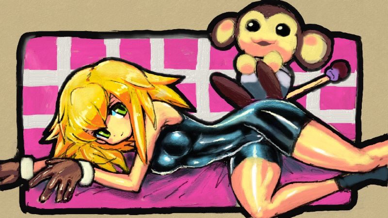 1girl anima blonde_hair blush breasts brown_gloves dakusuta gloves green_eyes l leotard lying monkey on_side rockman rockman_dash roll_caskett small_breasts spandex