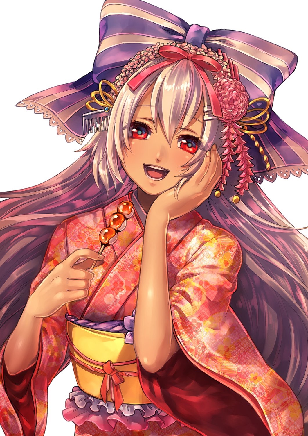 :d blush bow breasts clutch2130 comb dark_skin floral_print hair_bow hair_ribbon hand_up highres holding japanese_clothes kimono long_hair looking_at_viewer mireille_lerner open_mouth pink_kimono pink_ribbon purple_bow red_eyes ribbon shironeko_project smile solo very_long_hair white_background wide_sleeves