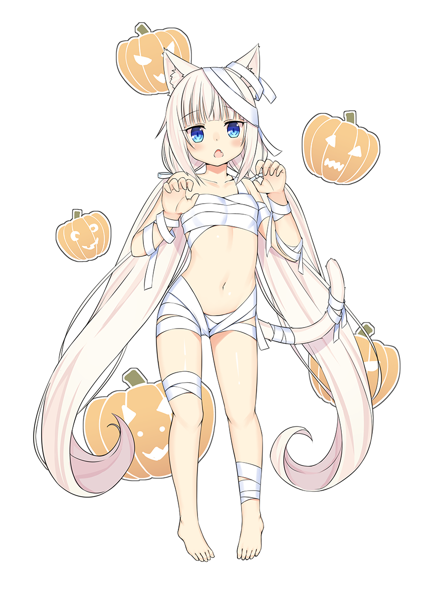 animal_ears bandages bangs barefoot blue_eyes blunt_bangs breasts cat_ears cat_tail chestnut_mouth claw_pose collarbone commentary commission english_commentary eyebrows_visible_through_hair fang full_body hair_ribbon halloween highres jack-o'-lantern long_hair looking_at_viewer low_twintails minimimineko mummy_costume naked_bandage navel nekopara open_mouth ribbon simple_background small_breasts solo stomach tail twintails vanilla_(sayori) very_long_hair white_background white_ribbon