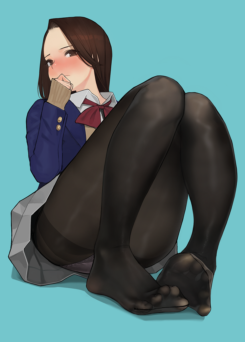 blue_background blush brown_eyes brown_hair commentary feet highres long_hair looking_at_viewer no_shoes original panties pantyhose school_uniform simple_background skirt solo thighs toes underwear white_panties yomu_(sgt_epper)