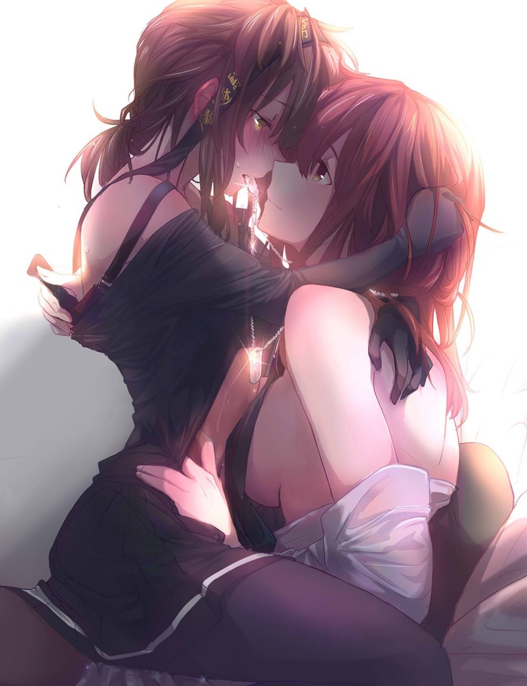 2girls artist_request bare_shoulders black_gloves brown_hair character_request copyright_request eye_contact eyebrows_visible_through_hair gloves looking_at_another multiple_girls profile sitting sitting_on_lap sitting_on_person yuri