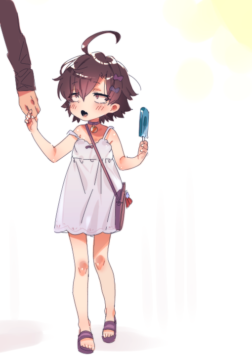ahoge androgynous bag bell bell_choker bow brown_eyes brown_hair child choker cr-r dress food hair_bow handbag hikigaya_hachiman holding holding_food holding_hands jingle_bell looking_at_another looking_up no_socks open_mouth out_of_frame popsicle sandals sleeveless sleeveless_dress solo_focus strap_slip sundress walking white_background white_dress yahari_ore_no_seishun_lovecome_wa_machigatteiru. younger
