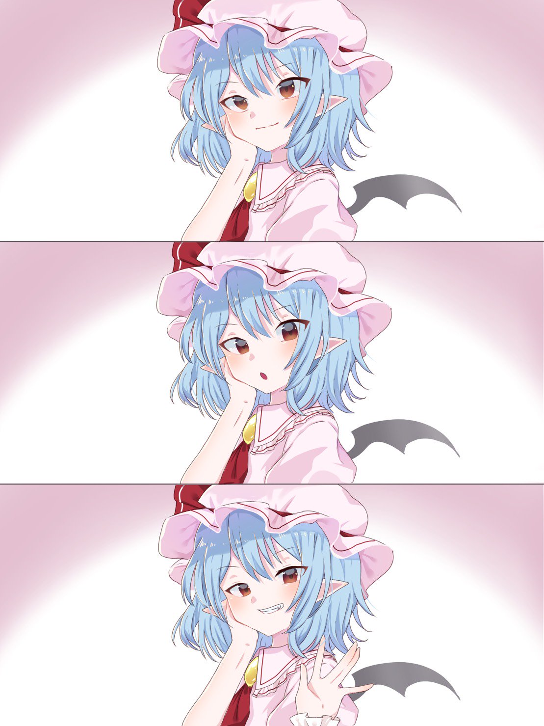3koma \||/ ascot blue_hair comic commentary eringi_(rmrafrn) fang hat highres looking_at_viewer mob_cap pink_hat pointy_ears red_eyes red_neckwear remilia_scarlet smile touhou tsurime upper_body waving wings