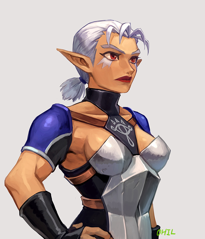 armor breasts closed_mouth facial_mark hand_on_hip impa lips medium_breasts ohil_(ohil822) red_eyes red_lips short_hair short_ponytail silver_hair solo the_legend_of_zelda the_legend_of_zelda:_ocarina_of_time turtleneck
