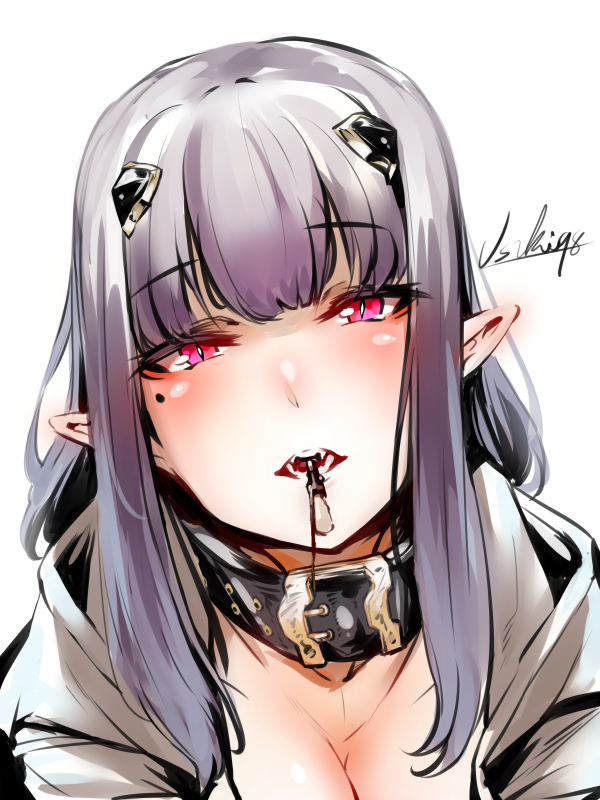 blush breasts cleavage collar food incoming_pocky_kiss long_hair looking_at_viewer mole mole_under_eye open_mouth original pink_eyes pocky pocky_day pointy_ears purple_hair slit_pupils solo usuki_(graygreed)