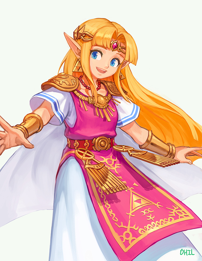 :d blonde_hair blue_eyes bracer circlet dress earrings gem hair_intakes jewelry long_hair necklace ohil_(ohil822) open_mouth pointy_ears princess_zelda short_sleeves shoulder_pads simple_background smile solo straight_hair tabard the_legend_of_zelda the_legend_of_zelda:_a_link_between_worlds triforce white_background white_dress