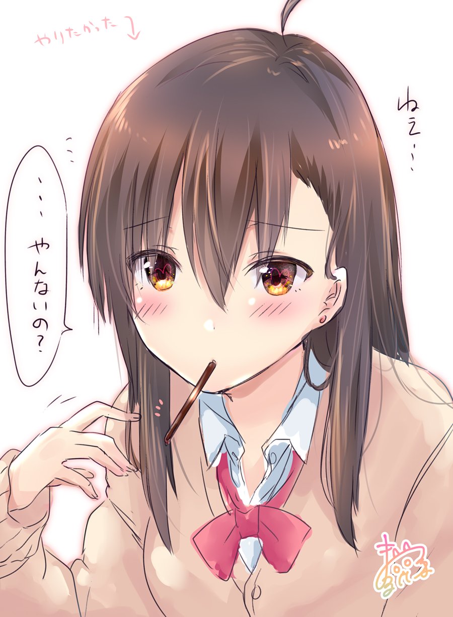 ahoge bangs blush bow bowtie brown_cardigan brown_eyes brown_hair cardigan collared_shirt commentary_request directional_arrow dress_shirt earrings eyebrows_visible_through_hair fingernails food food_in_mouth hair_between_eyes hand_up highres jewelry long_hair long_sleeves maruma_(maruma_gic) mouth_hold original pocky pocky_day red_neckwear shirt sidelocks signature simple_background sketch solo stud_earrings translation_request white_background white_shirt