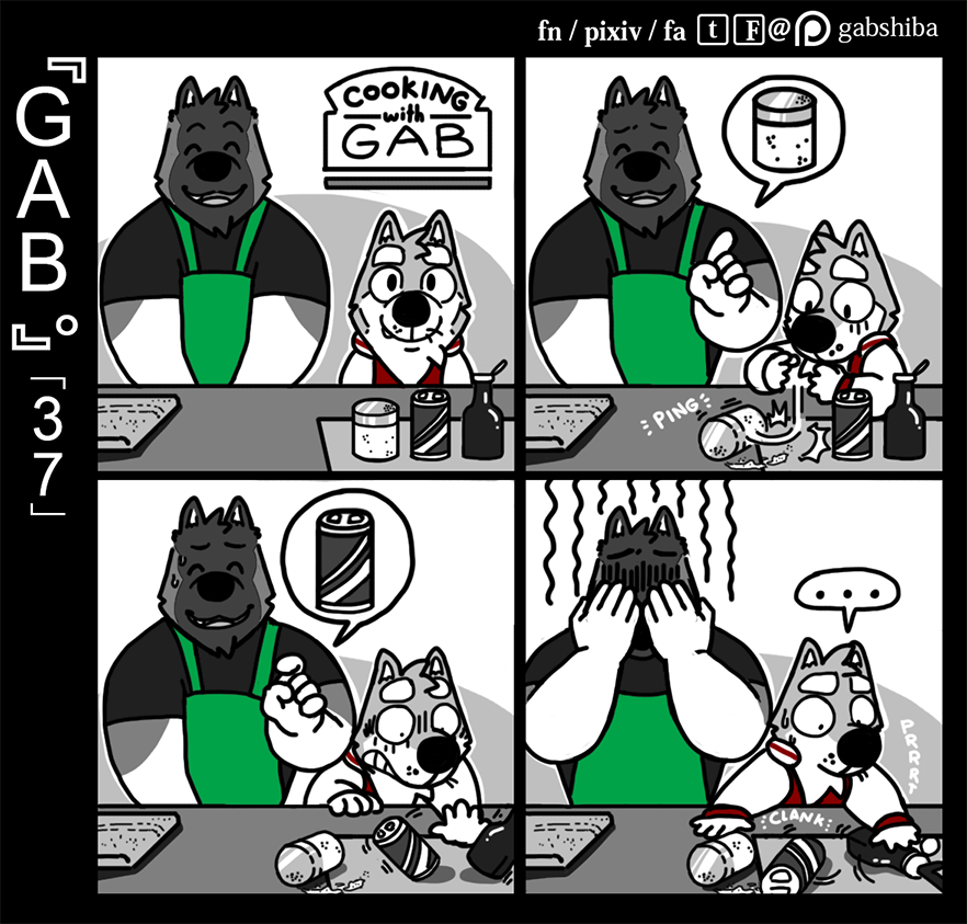 ... 5_fingers akita anthro apron blush canine clenched_teeth clothed clothing clumsy comic covering_face cute_fangs dog duo embarrassed english_text eyebrows eyes_closed front_view fully_clothed gab_shiba gabshiba jacket mammal open_mouth open_smile pictographics pointing red_topwear restricted_palette shiba_inu smile sound_effects standing teeth text voff_akita