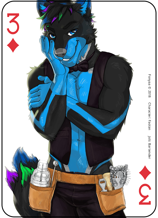 2018 abs anthro biceps black_fur blue_eyes blue_fur bow_tie canine card clothed clothing digital_media_(artwork) english_text eye_piercing faolan_aviternal fonyaa fur hair hybrid looking_at_viewer male mammal muscular muscular_male navel pecs piercing playing_card simple_background smile solo standing text waiter white_background wolfdog