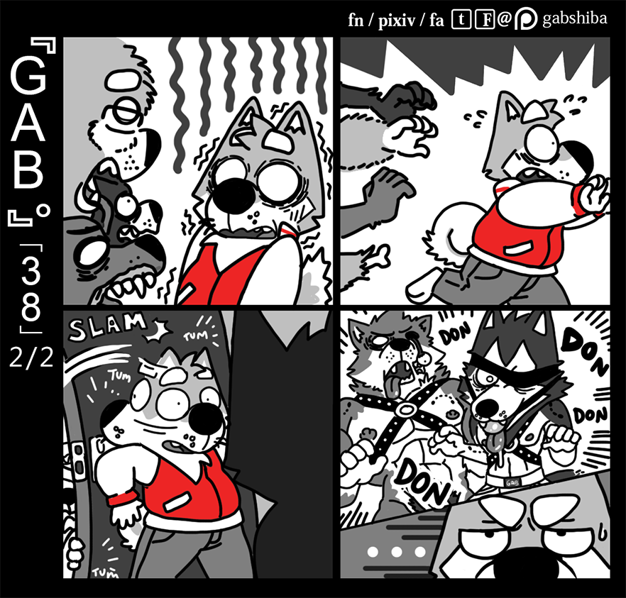 ... 5_fingers abs anthro ball_gag barefoot bau_husky bite_mark blindfold bondage_gear bone canine cheek_tuft clothed clothing comic cute_fangs dangling_eyeball dog door drooling empty_eyes english_text erect_nipples eyeball eyebrows eyewear front_view fully_clothed gab_shiba gabshiba gag gagged glasses group harness head_tuft jacket jockstrap leather_harness looking_at_viewer mammal nipples nude pecs pubes red_topwear running saliva scared shaking shiba_inu shivering side_view soft_gore sound_effects sweat sweatdrop teeth text tongue tongue_out topless tuft undead underwear unimpressed wolf zombie