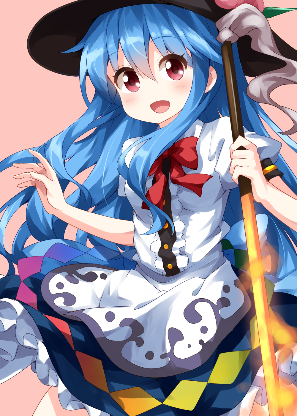 :d black_hat blue_hair bow bowtie center_frills commentary eyebrows_visible_through_hair hair_between_eyes hat highres hinanawi_tenshi long_hair looking_at_viewer open_mouth pink_background puffy_short_sleeves puffy_sleeves rainbow_gradient red_neckwear ruu_(tksymkw) short_sleeves simple_background smile solo sword_of_hisou touhou