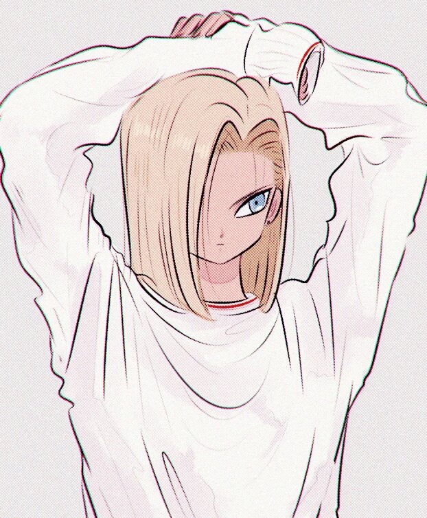 android_18 blonde_hair blue_eyes dragon_ball earrings grey_background jewelry long_sleeves medium_hair moricky shirt solo upper_body white_shirt