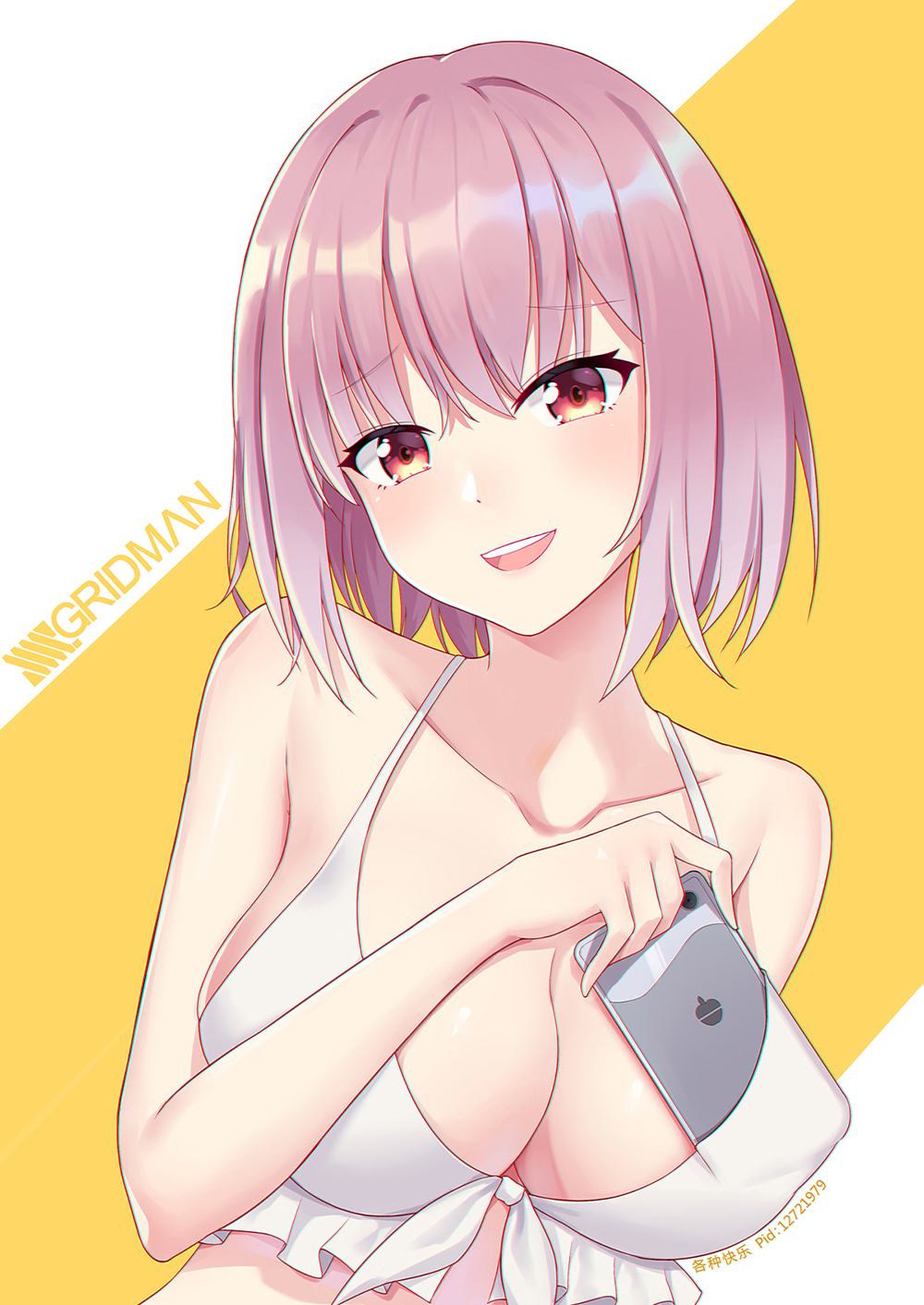 artist_name bare_arms bare_shoulders bikini blush breasts cellphone cleavage collarbone copyright_name emblem eyebrows_visible_through_hair frilled_bikini frills front-tie_bikini front-tie_top ge_zhong_kuaile halter_top halterneck head_tilt highres holding holding_cellphone holding_phone in_swimsuit large_breasts lavender_hair leaning_to_the_side looking_at_viewer open_mouth phone pixiv_id raised_eyebrows red_eyes shinjou_akane short_hair sideboob smartphone smile solo ssss.gridman straight_hair swimsuit two-tone_background upper_body upper_teeth white_background white_bikini white_bikini_top yellow_background