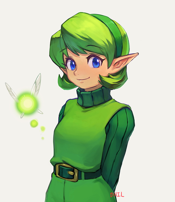 arms_behind_back belt belt_buckle blue_eyes buckle closed_mouth eyebrows_visible_through_hair fairy green_belt green_hair green_hairband hairband long_sleeves looking_at_viewer ohil_(ohil822) pointy_ears saria short_hair simple_background smile solo the_legend_of_zelda the_legend_of_zelda:_ocarina_of_time turtleneck white_background