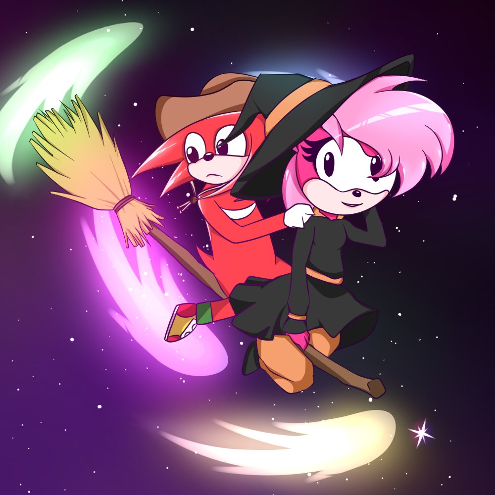 broom clothing cowboy_hat echidna female flying fur hair halloween hat hedgehog holidays knuckles_the_echidna magic_user male mammal monotreme night_sky pink_fur pink_hair sonia_the_hedgehog sonic_(series) sonic_underground tamers12345 witch