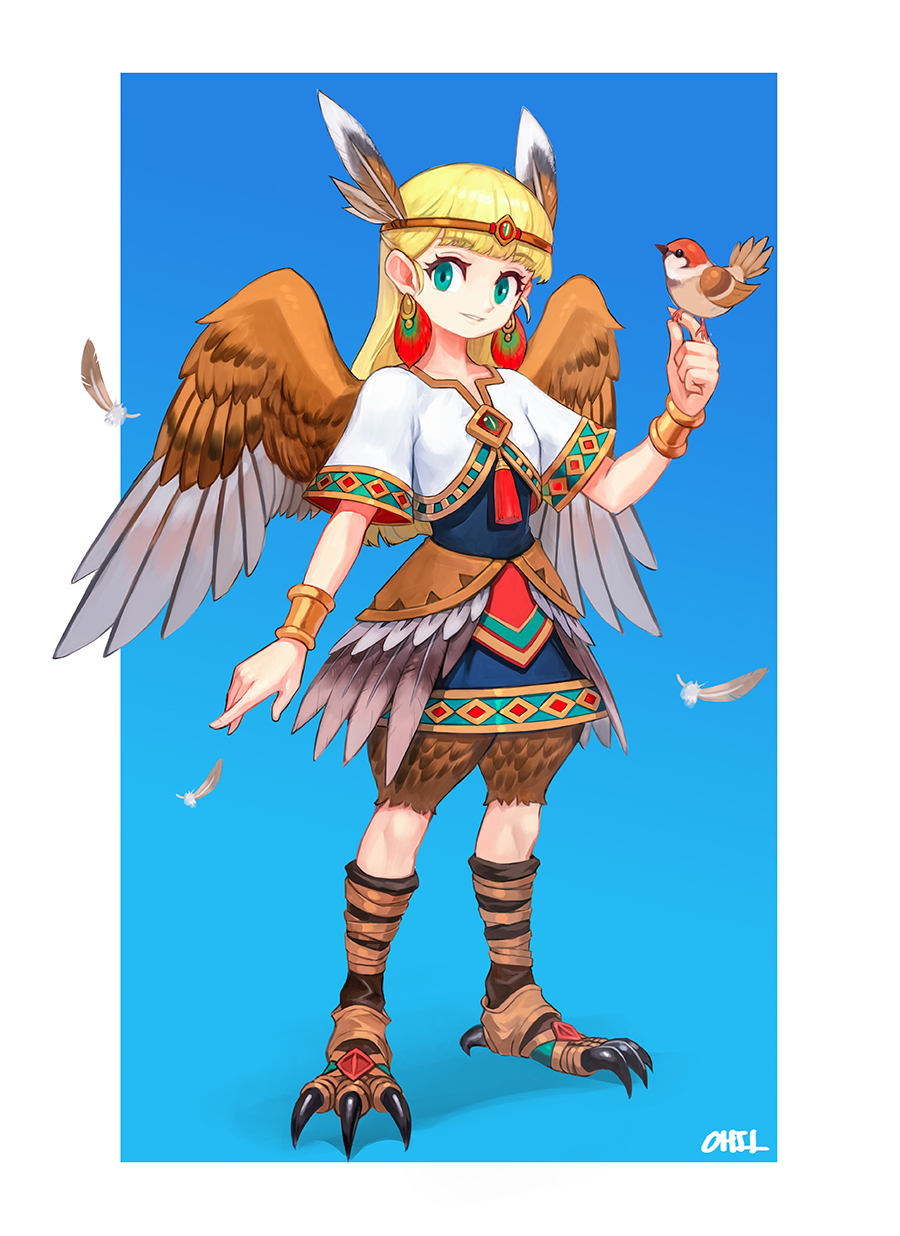 bangs bird bird_on_finger bird_wings bracelet circlet earrings eyebrows_visible_through_hair feathered_wings feathers full_body highres jewelry long_hair ohil_(ohil822) original short_sleeves solo sparrow standing straight_hair talons wings