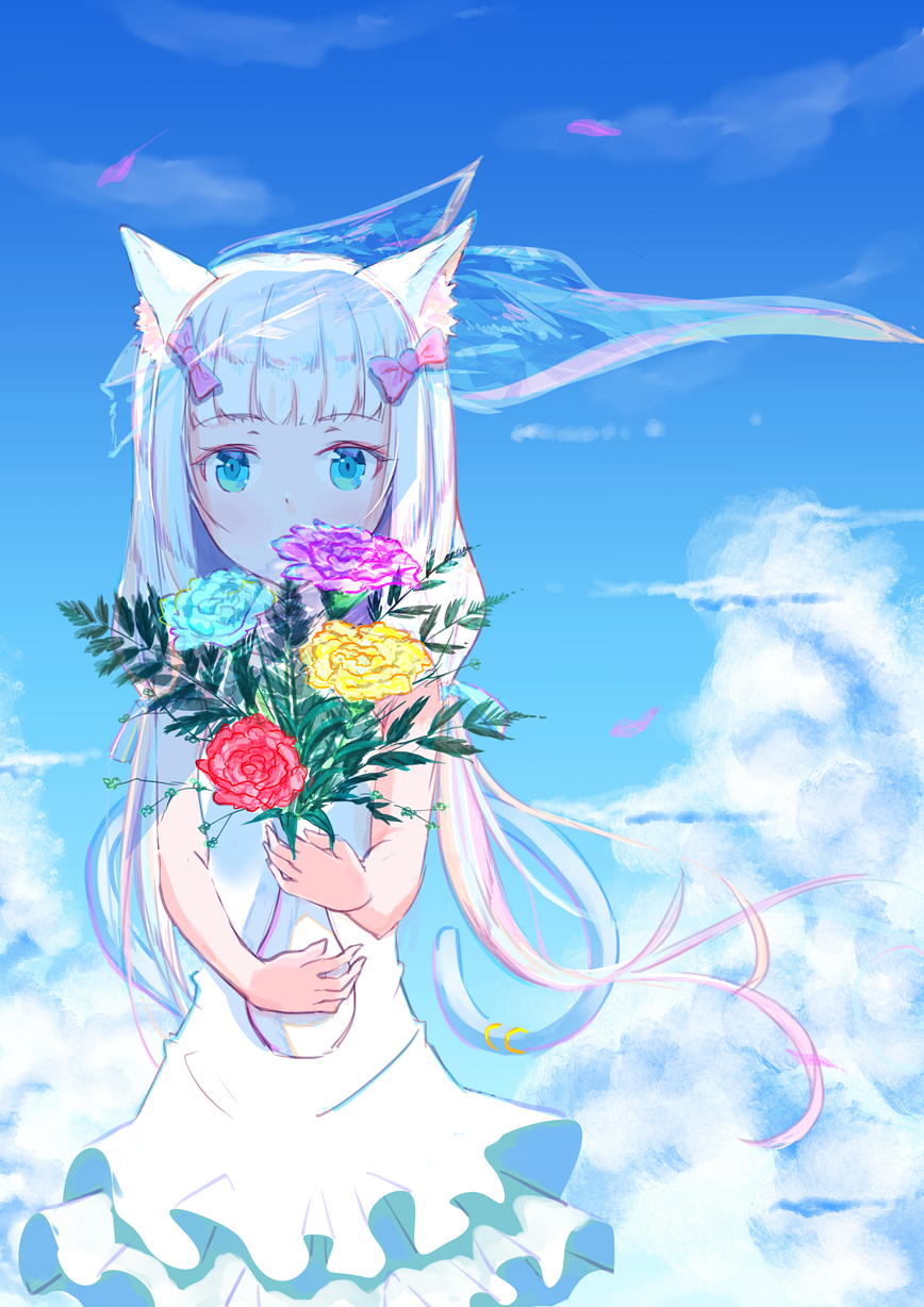 animal_ears bangs bare_arms blue_eyes blue_sky blunt_bangs bow bridal_veil cat_ears cat_tail chinese_commentary cloud commentary_request dress flower hair_bow highres holding long_hair looking_at_viewer low_twintails nekopara pink_bow sky solo tail tail_ornament twintails user_vkkt4784 vanilla_(sayori) vase veil white_dress white_hair