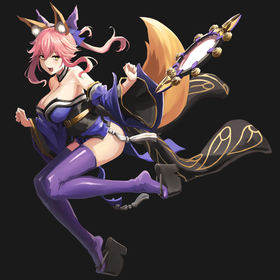 animal_ear_fluff animal_ears bare_shoulders black_background blue_legwear bow breasts cleavage detached_sleeves fang fate/grand_order fate_(series) fox_ears fox_girl fox_tail full_body hair_bow hair_ribbon japanese_clothes large_breasts looking_at_viewer mirror open_mouth pink_hair ribbon simple_background solo suiten_nikkou_amaterasu_yanoshisu_ishi tail tamamo_(fate)_(all) tamamo_no_mae_(fate) yashiro_(silver_will) yellow_eyes