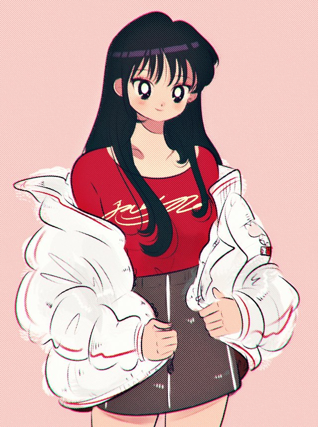 bangs bishoujo_senshi_sailor_moon black_eyes black_hair breasts collarbone cowboy_shot grey_skirt hino_rei jacket long_hair looking_at_viewer moricky off_shoulder pink_background red_shirt shirt simple_background skirt smile solo white_jacket