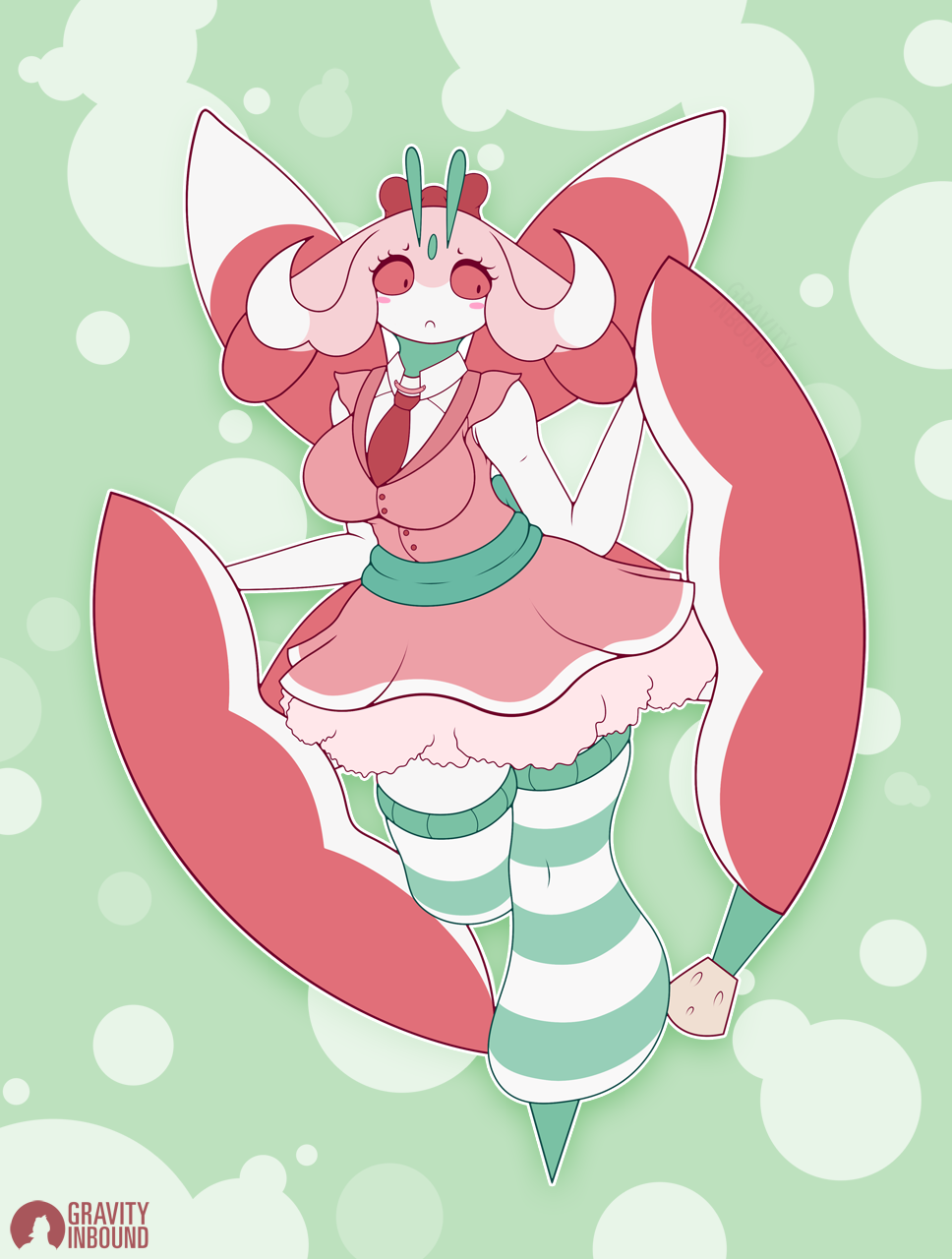 2018 abstract_background antennae anthro arthropod blush bow breasts clothed clothing countershading digital_media_(artwork) dress eyelashes female frown full-length_portrait fully_clothed gravityinbound green_background hi_res insect insect_wings legwear looking_away lurantis necktie nintendo non-mammal_breasts on_one_leg pink_body pink_eyes pink_wings pok&eacute;mon pok&eacute;mon_(species) portrait ribbons shirt simple_background standing stockings striped_legwear striped_stockings stripes two_tone_body video_games watermark white_body wings