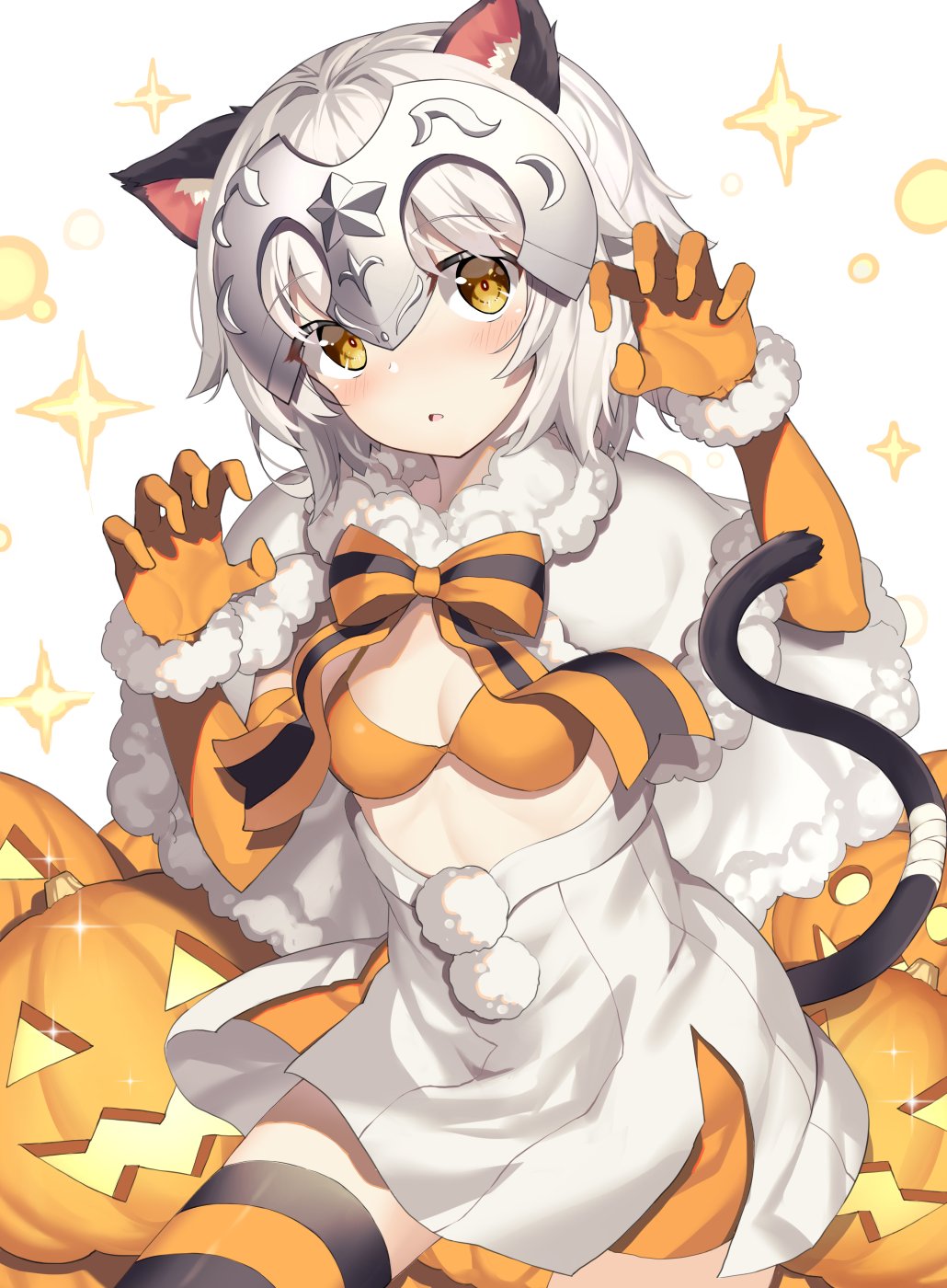 akae_neo alternate_costume animal_ears blush bow breasts cleavage commentary_request fake_animal_ears fake_tail fate/grand_order fate_(series) gloves halloween halloween_costume headpiece highres jack-o'-lantern jeanne_d'arc_(fate)_(all) jeanne_d'arc_alter_santa_lily looking_at_viewer pumpkin ribbon short_hair silver_hair small_breasts solo striped striped_bow striped_legwear striped_ribbon tail yellow_eyes