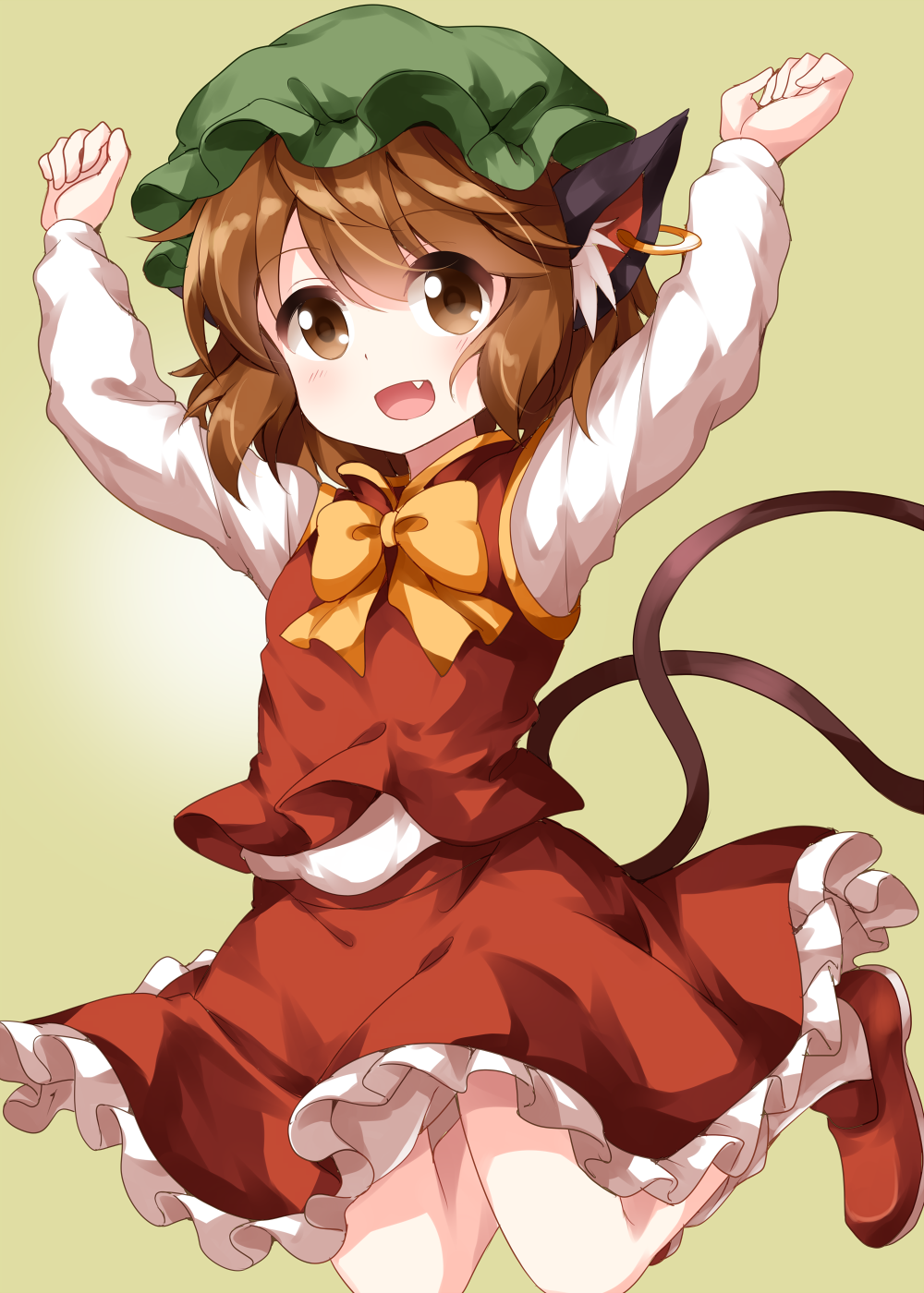 :d animal_ear_fluff animal_ears arms_up bow bowtie brown_eyes brown_hair cat_ears cat_tail chen commentary eyes_visible_through_hair fang frilled_skirt frills hat highres jewelry long_sleeves looking_at_viewer mob_cap multiple_tails open_mouth red_footwear red_skirt red_vest ruu_(tksymkw) shirt shoes simple_background single_earring skirt skirt_set smile solo tail touhou two_tails vest white_shirt yellow_background yellow_neckwear