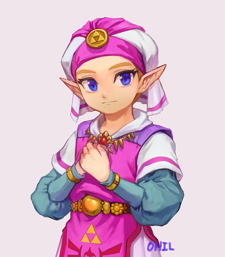 blonde_hair blue_eyes bracelet closed_mouth dress hands_together hands_up hat jewelry long_sleeves looking_at_viewer ohil_(ohil822) pointy_ears princess_zelda short_hair simple_background solo tabard the_legend_of_zelda the_legend_of_zelda:_ocarina_of_time triforce white_background young_zelda