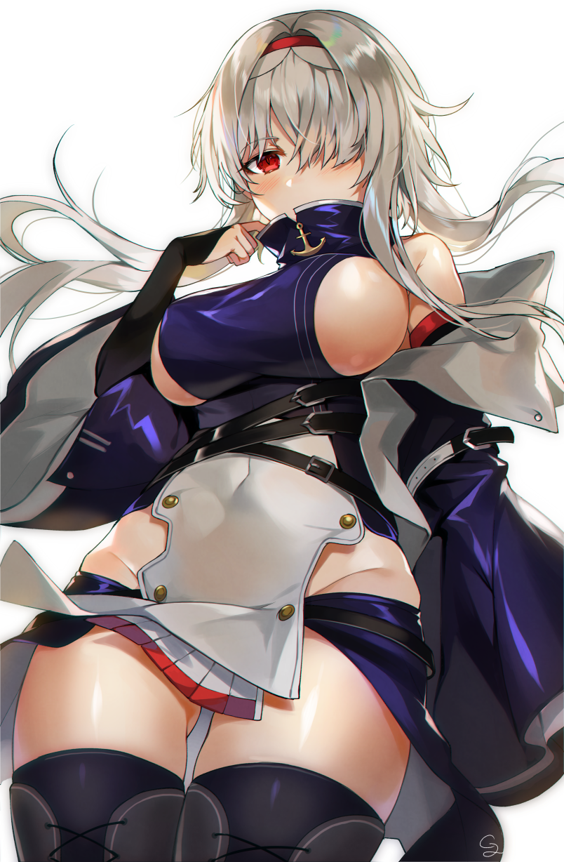 anchor_symbol arm_strap ass_visible_through_thighs azur_lane bangs belt belt_buckle belt_collar black_skirt blue_hairband boots breasts buckle colorado_(azur_lane) commentary_request covered_navel covered_nipples cross-laced_footwear detached_sleeves dress elbow_gloves expressionless fingerless_gloves gijang gloves groin hair_over_one_eye hairband hand_up highres jacket large_breasts long_hair looking_at_viewer medium_breasts multiple_straps open_mouth pelvic_curtain red_eyes sideboob sidelocks silver_hair simple_background skindentation skirt sleeveless sleeveless_dress solo thigh_boots thighhighs white_background white_hair wide_sleeves