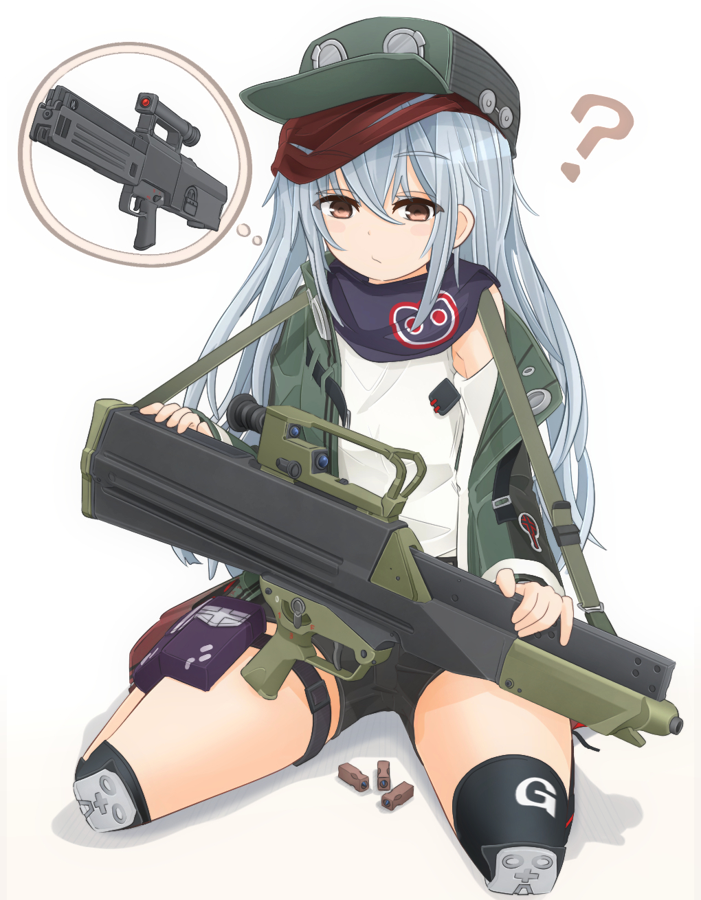 ? assault_rifle bangs black_shorts blue_scarf boots brown_footwear closed_mouth commentary_request elbow_pads eyebrows_visible_through_hair frown full_body g11 g11_(girls_frontline) girls_frontline green_hat green_jacket gun hat heckler_&amp;_koch highres holding holding_gun holding_weapon ichigotofu jacket long_hair long_sleeves looking_at_viewer off_shoulder open_clothes open_jacket red_eyes rifle scarf shadow shell_casing shirt short_shorts shorts silver_hair sitting sleeveless sleeveless_shirt solo thigh_strap thought_bubble wariza weapon white_shirt