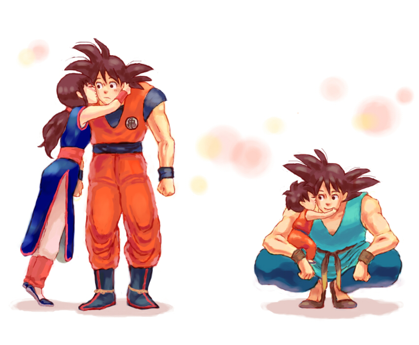 2girls age_progression arms_around_neck bare_arms black_eyes black_hair boots cheek_kiss chi-chi_(dragon_ball) chinese_clothes closed_eyes couple dougi dragon_ball dragon_ball_(classic) dragon_ball_z expressionless full_body gradient gradient_background grandfather_and_granddaughter grandmother_and_granddaughter happy hetero kiss kneeling long_hair looking_at_another multiple_girls pan_(dragon_ball) ponytail profile shadow short_hair simple_background smile son_gokuu spiked_hair standing tiptoes toratorashippo white_background wristband