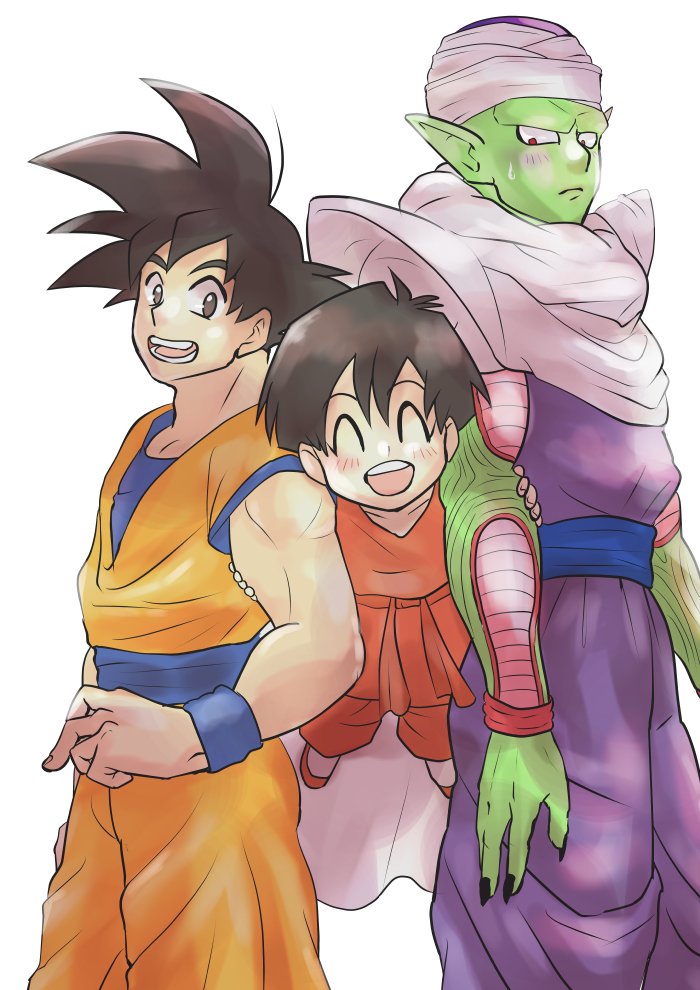 2boys :d ^_^ black_hair blush cape closed_eyes dougi dragon_ball dragon_ball_z eyebrows_visible_through_hair fingernails floating full_body grandfather_and_granddaughter happy locked_arms looking_at_another looking_up multiple_boys nervous open_mouth pan_(dragon_ball) piccolo pointy_ears red_eyes short_hair simple_background smile son_gokuu spiked_hair standing sweatdrop teeth turban upper_body white_background wristband