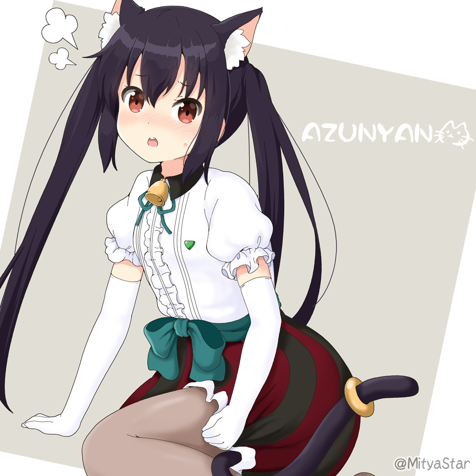 alternate_costume animal_ears bell birthday black_hair blush brown_eyes brown_legwear cat_ears cat_tail commentary elbow_gloves gloves k-on! long_hair looking_at_viewer miicha nakano_azusa open_mouth pantyhose puffy_short_sleeves puffy_sleeves red_skirt shirt short_sleeves skirt solo striped striped_skirt tail twintails twitter_username white_gloves white_shirt