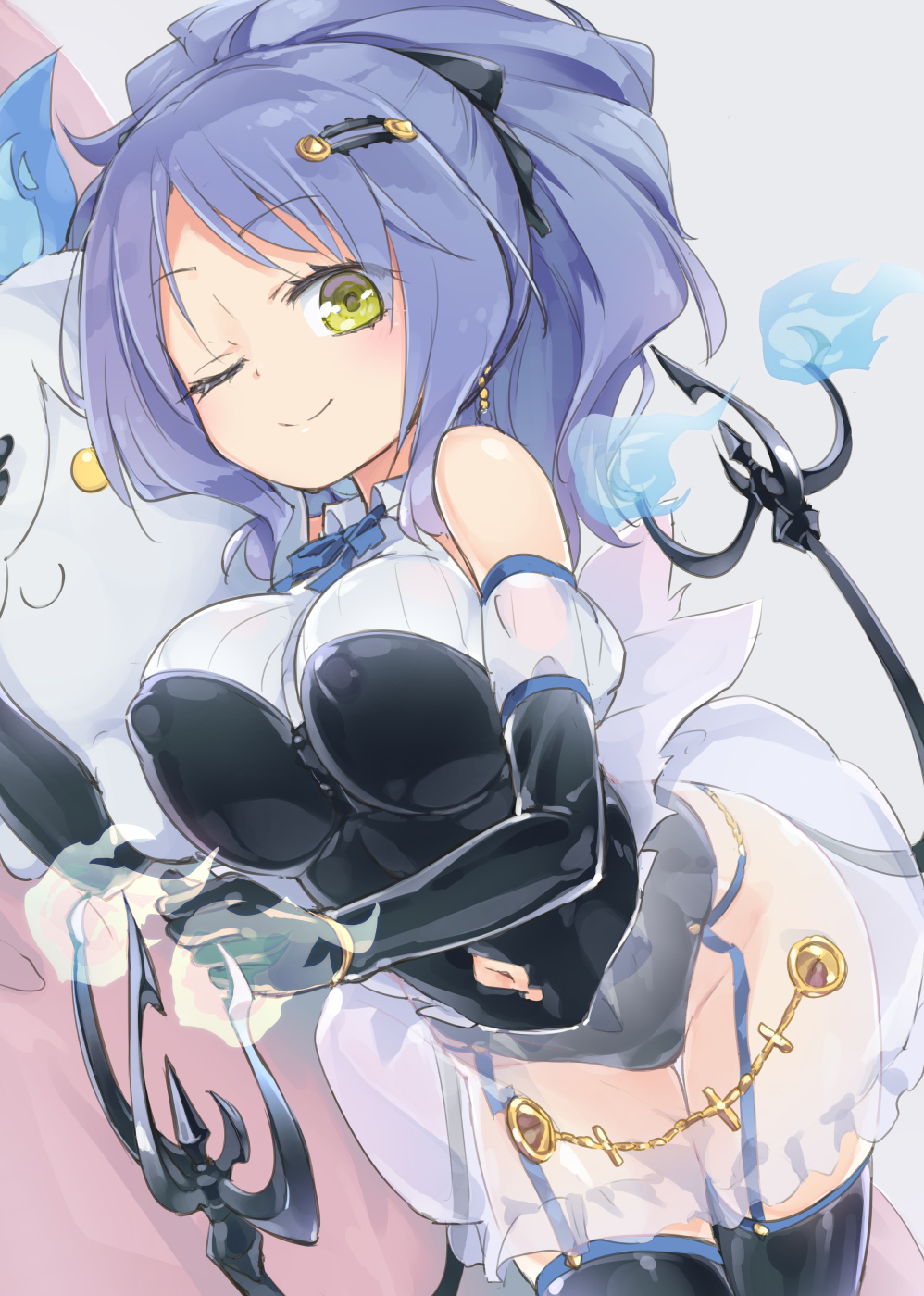 ;) bangs bare_shoulders black_bow black_gloves black_legwear blue_neckwear bow bracelet breasts chandelure closed_mouth collared_shirt covered_nipples detached_sleeves earrings elbow_gloves eyebrows_visible_through_hair fire garter_straps gen_5_pokemon gloves green_eyes groin hair_bow hair_ornament hairclip highres homura_subaru hug jewelry large_breasts leotard litwick long_hair looking_at_viewer lying md5_mismatch navel navel_cutout neck_ribbon on_side one_eye_closed personification pokemon pokemon_(creature) ponytail puffy_short_sleeves puffy_sleeves purple_hair ribbon see-through see-through_silhouette shirt short_sleeves skirt sleeveless sleeveless_shirt smile thighhighs thighs white_skirt