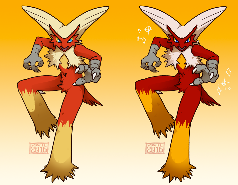 2016 3_fingers anthro blaziken blue_eyes claws comparison digital_drawing_(artwork) digital_media_(artwork) feathers gradient_background looking_at_viewer nintendo pok&eacute;mon pok&eacute;mon_(species) red_feathers shiny_pok&eacute;mon simple_background skdaffle sparkles video_games white_claws yellow_feathers yellow_sclera
