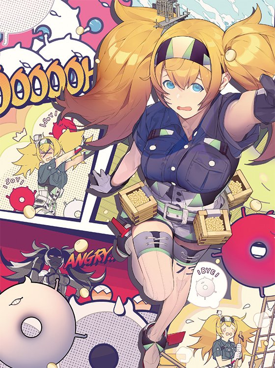 akira_(kadokawa) angry belt black_hair blonde_hair blue_eyes blue_shirt breast_pocket breasts buttons collared_shirt commentary_request crying enemy_lifebuoy_(kantai_collection) escort_water_hime flight_deck flying_sweatdrops gambier_bay_(kantai_collection) gloves hair_between_eyes hairband head_bump kantai_collection large_breasts long_hair multicolored multicolored_clothes multicolored_gloves multiple_girls official_art open_mouth pocket setsubun shinkaisei-kan shirt short_sleeves shorts thighhighs twintails white_hair white_legwear