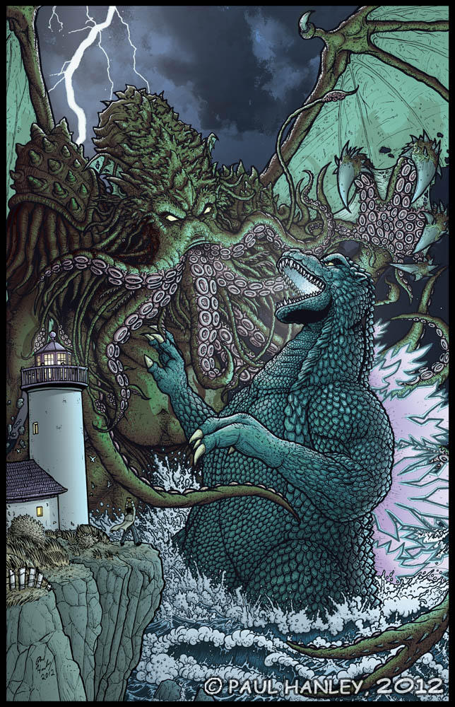 cosmic_horror cthulhu dinosaur eldritch_abomination giant_monster glowing godzilla godzilla_(series) horror kaijuu lighthouse lightning lovecraft lovecraften monster night paul_hanley sea storm tentacle toho_(film_company) wings