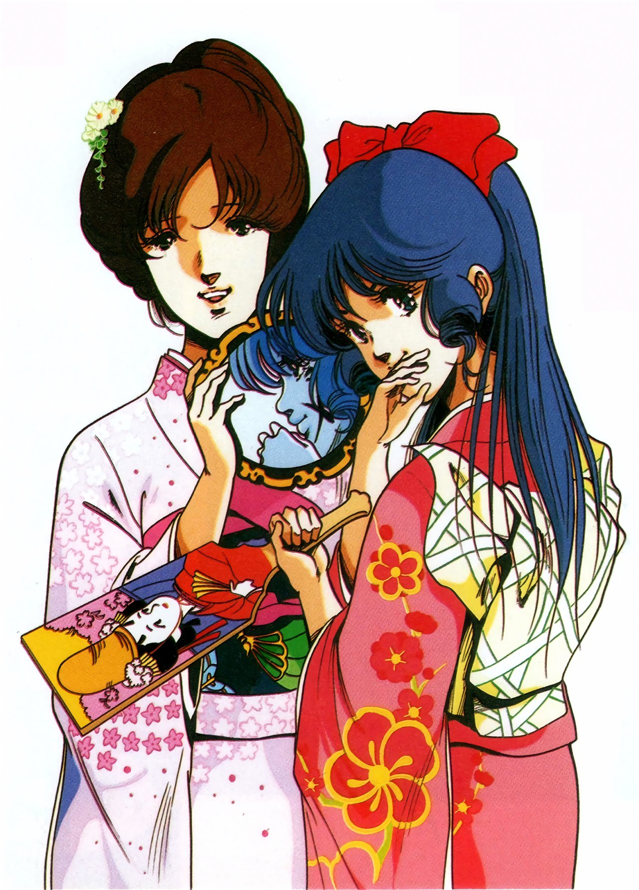 80s blue_eyes blue_hair brown_hair choujikuu_yousai_macross floral_print flower hair_flower hair_ornament hand_to_own_mouth hayase_misa highres holding japanese_clothes kimono long_hair long_sleeves looking_at_viewer lynn_minmay macross macross:_do_you_remember_love? mikimoto_haruhiko multiple_girls official_art oldschool ponytail production_art promotional_art scan simple_background updo white_background