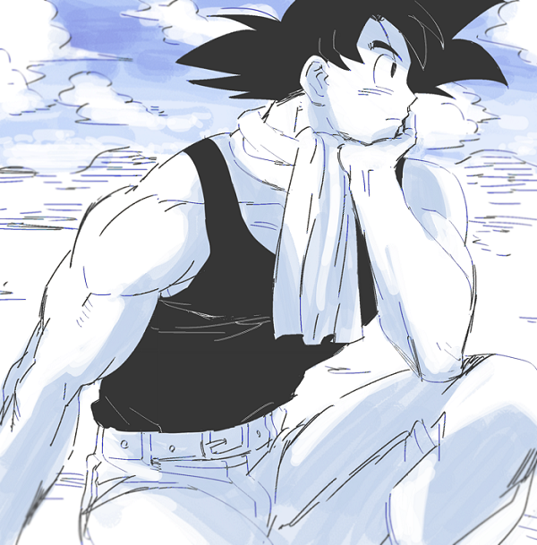 bare_arms bare_shoulders belt black_eyes black_hair black_shirt chin_rest cloud cloudy_sky dragon_ball dragon_ball_z elbow_rest expressionless hand_rest kuuta_(extra414) looking_away male_focus monochrome outdoors outstretched_arm pants profile scarf shaded_face shirt short_hair sky sleeveless sleeveless_shirt son_gokuu spiked_hair upper_body