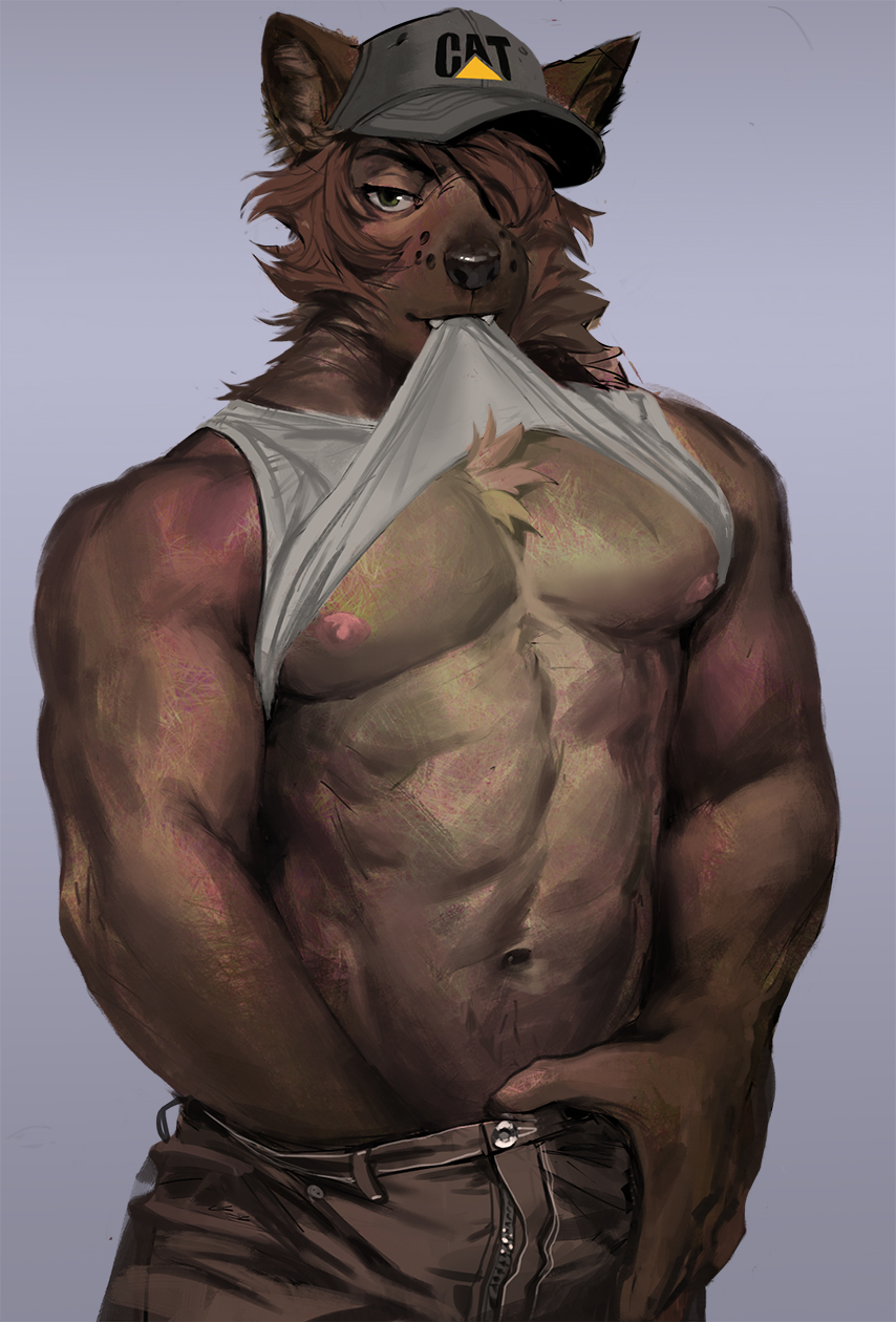 anthro canine clothed clothing hat hi_res looking_at_viewer male mammal muscular muscular_male nipples pecs shirt_up solo tacklebox topless undressing